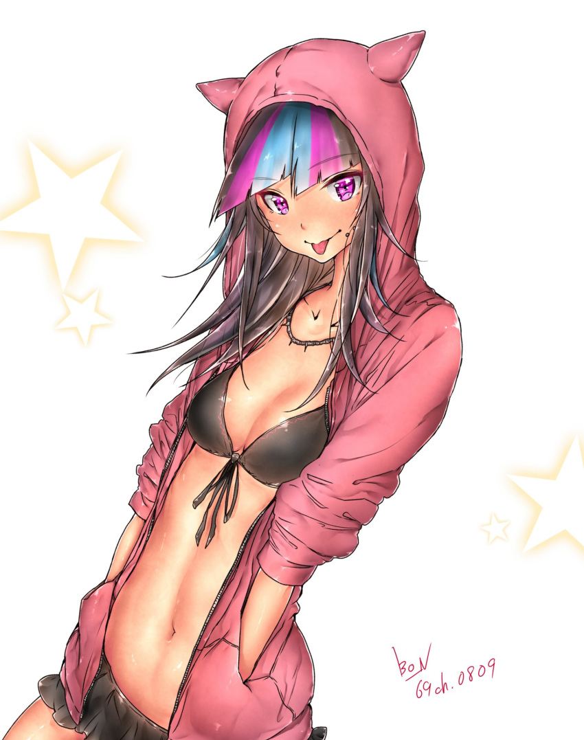 1girl alternate_costume artist_name bikini bikini_skirt black_bikini black_bikini_bottom black_bikini_top black_hair blue_hair breasts cleavage commentary_request dangan_ronpa dated eyebrows_visible_through_hair hands_in_pockets highres hood hood_up hoodie jewelry long_hair looking_at_viewer mioda_69ch mioda_ibuki multicolored_hair navel necklace open_clothes open_hoodie piercing pink_eyes pink_hair red_hoodie simple_background sleeves_rolled_up small_breasts solo star super_dangan_ronpa_2 swimsuit tongue tongue_out