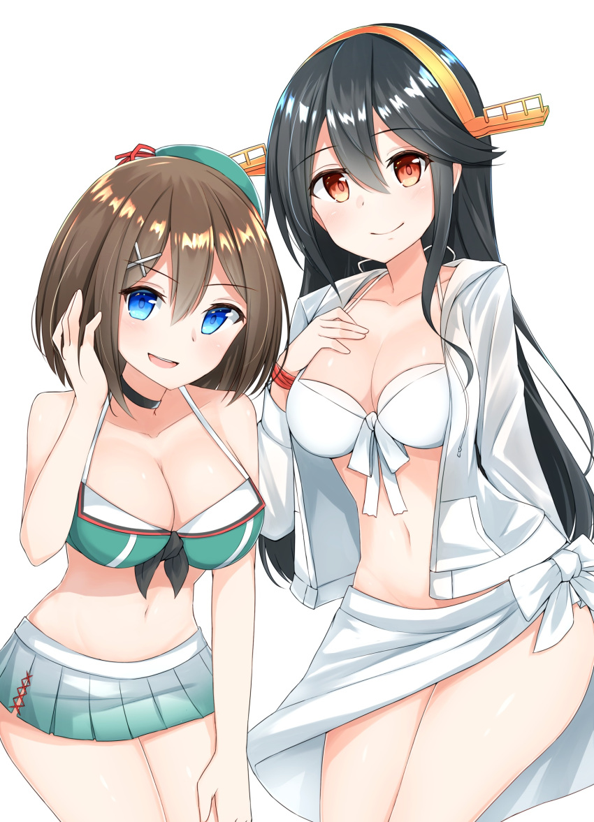 2girls absurdres alternate_costume bikini black_hair blue_eyes blush breasts brown_eyes brown_hair closed_mouth hair_ornament hairclip haruna_(kantai_collection) headgear highres jacket kantai_collection large_breasts long_hair looking_at_viewer maya_(kantai_collection) multiple_girls open_mouth pleated_skirt remodel_(kantai_collection) sakikumo_(sakumo) short_hair simple_background skirt smile swimsuit white_background white_jacket x_hair_ornament