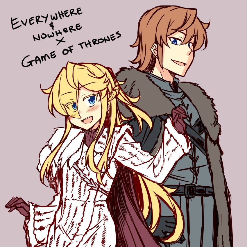 1boy 1girl absurdres blonde_hair blush brown_hair cape coat commentary english_text game_of_thrones gloves highres looking_at_viewer merryweather open_mouth simple_background winter_clothes