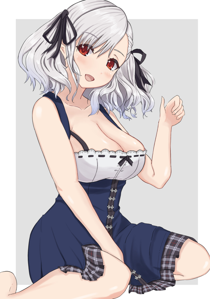 1girl arm_up bangs bare_arms bare_shoulders barefoot between_legs bizen_kurage blue_dress blush bra_strap breasts cleavage collarbone commentary_request dress eyebrows_visible_through_hair eyes_visible_through_hair frilled_skirt frills girls_frontline grey_background hair_ribbon hand_between_legs head_tilt highres large_breasts open_mouth parted_bangs plaid ribbon short_hair silver_hair simple_background sitting skirt sleeveless sleeveless_dress solo spas-12_(girls_frontline) wariza