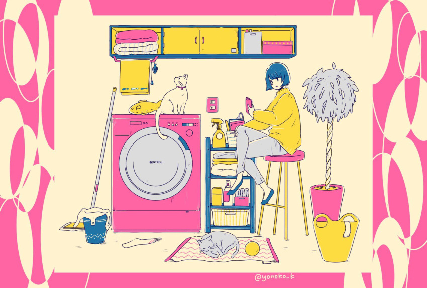 1girl bangs basket blue_hair cat cellphone cupboard electric_socket flat_color grey_cat grey_pants laundry laundry_basket limited_palette long_sleeves no_nose original pants phone plant shirt shoes short_hair sitting solo towel twitter_username washing_machine white_cat yellow_shirt yonoko_k