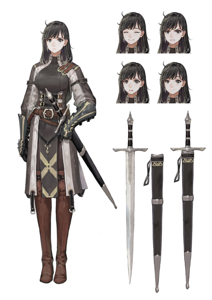 1girl ahoge belt black_eyes black_hair boots breasts brown_legwear clenched_teeth closed_eyes coat expressions frown gauntlets glaring highres jun_(seojh1029) knight long_sleeves longsword_(seojh1029) looking_at_viewer medium_breasts medium_hair multiple_views original parted_lips pelvic_curtain scabbard sheath sheathed simple_background smile solo sword teeth thigh-highs thigh_boots turtleneck weapon white_background