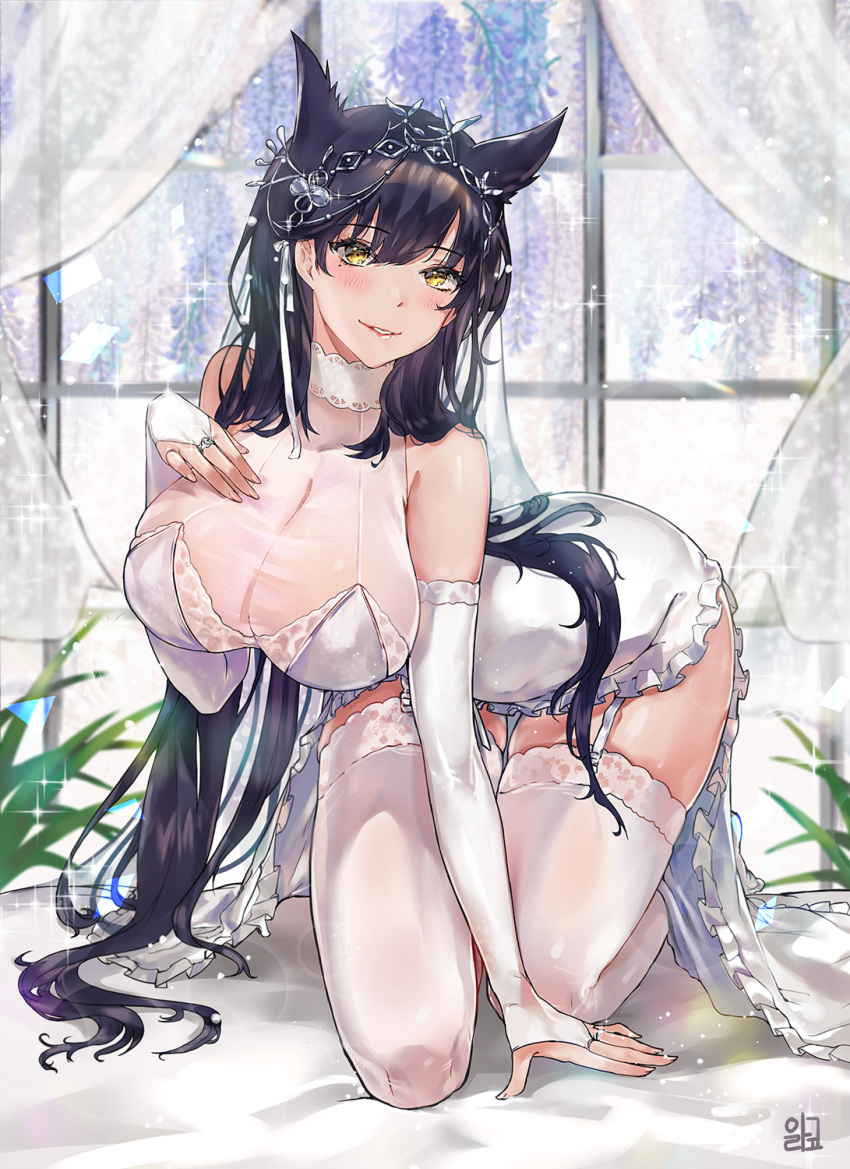 1girl all_fours alraco animal_ears atago_(azur_lane) atago_(white_promise)_(azur_lane) azur_lane bangs black_hair blush breasts bridal_gauntlets brown_eyes commentary curtains dress eyebrows_visible_through_hair garter_straps glint gloves hair_ribbon hand_on_own_chest highres large_breasts long_hair looking_at_viewer mole mole_under_eye no_shoes parted_lips ribbon smile solo sparkle thigh-highs wedding_dress white_dress white_gloves white_legwear white_ribbon window yellow_eyes