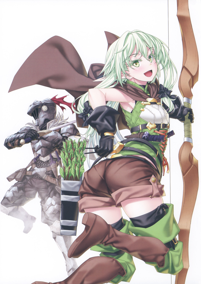 1boy 1girl absurdres armor arrow ass black_bow blush bow bow_(weapon) breastplate elf eyebrows_visible_through_hair from_behind full_armor gloves goblin_slayer goblin_slayer! greaves green_eyes green_hair helmet high_elf_archer_(goblin_slayer!) highres holding holding_weapon kannatsuki_noboru knight long_hair looking_at_viewer looking_back official_art open_mouth pointy_ears scan shiny shiny_hair shorts sidelocks simple_background smile thigh-highs weapon white_background
