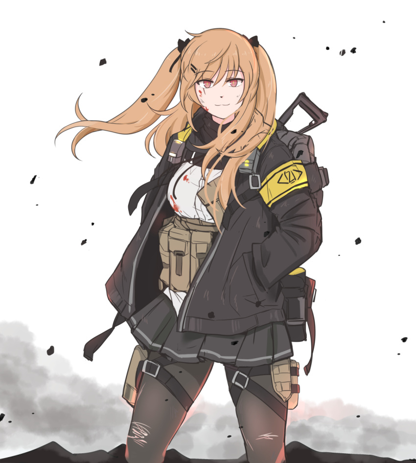 1girl black_bow black_gloves black_scarf black_skirt blood bloody_clothes bow breasts commentary eyebrows_visible_through_hair girls_frontline gloves highres hood hooded_jacket jacket long_sleeves medium_breasts pantyhose scar scar_across_eye scarf selby skirt ump9_(girls_frontline)