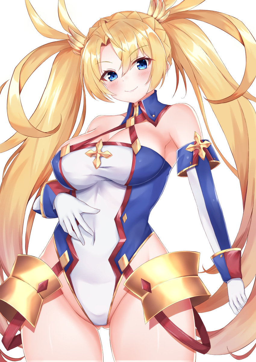 1girl absurdres bangs bare_shoulders blonde_hair blue_eyes blush bradamante_(fate/grand_order) braid breasts cleavage elbow_gloves fate/grand_order fate_(series) faulds gloves hair_between_eyes hair_ornament halterneck highres large_breasts long_hair looking_at_viewer rokita shiny shiny_hair simple_background solo thighs twintails very_long_hair white_background
