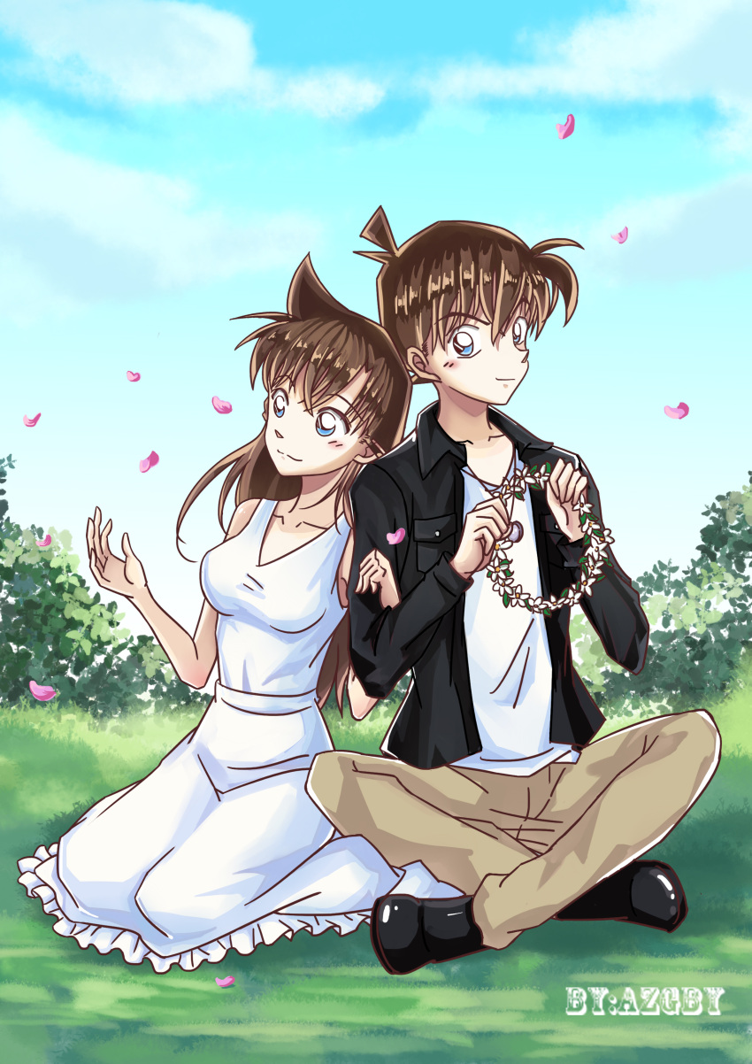 1boy 1girl absurdres artist_name azgby bangs black_footwear black_jacket blue_eyes blue_sky blush brown_hair brown_pants clouds couple day dress eyebrows_visible_through_hair frilled_dress frills grass hair_between_eyes head_wreath_removed highres indian_style jacket kudou_shin'ichi locked_arms long_dress long_hair meitantei_conan mouri_ran open_clothes open_jacket outdoors pants petals shirt sitting sky sleeveless sleeveless_dress smile sundress wariza white_dress white_shirt wing_collar