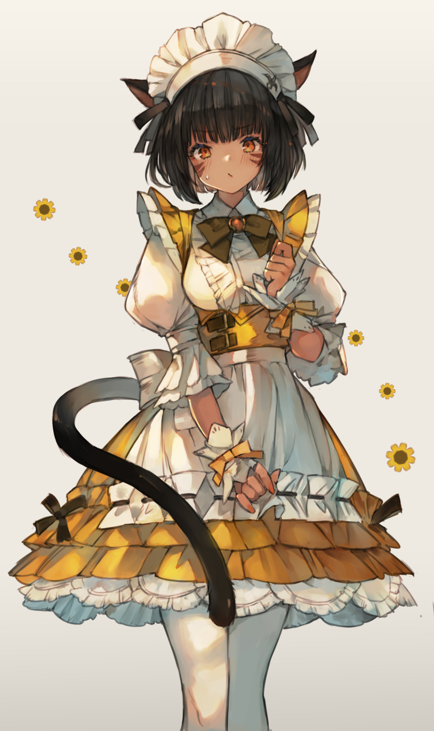 1girl :/ absurdres animal_ears apron avatar_(ffxiv) bangs black_hair blunt_bangs bow bowtie brown_bow brown_bowtie cat_ears cat_girl cat_tail center_frills commentary commission dress facial_mark feet_out_of_frame final_fantasy final_fantasy_xiv floral_print frilled_dress frills grey_background hand_up highres kemomin_nosuke light_blush looking_at_viewer maid maid_apron maid_headdress miqo'te nail_polish orange_eyes orange_nails pantyhose puffy_short_sleeves puffy_sleeves ribbon short_hair short_sleeves simple_background skeb_commission solo standing sunflower_print sweatdrop tail white_apron white_legwear wrist_ribbon yellow_dress yellow_ribbon