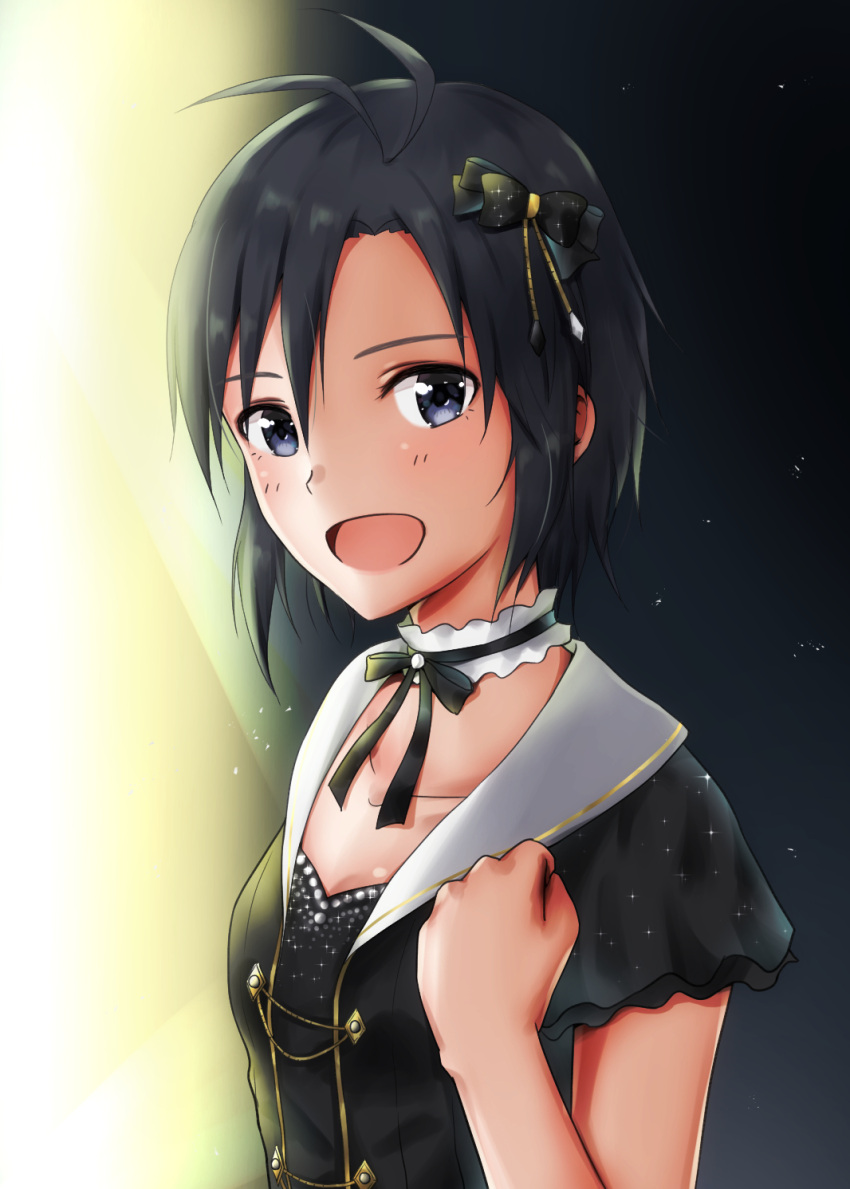 1girl :d antenna_hair black_bow black_eyes black_hair black_ribbon bow breasts choker cleavage collarbone hair_between_eyes hair_bow highres idolmaster idolmaster_(classic) kikuchi_makoto looking_at_viewer mogskg neck_ribbon open_mouth ribbon sailor_collar short_hair short_sleeves small_breasts smile solo upper_body white_sailor_collar