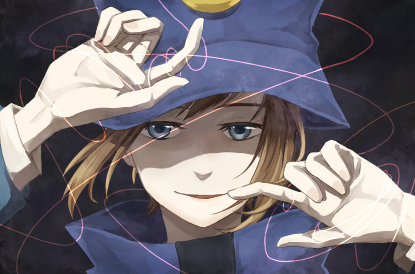 1girl arms_up bangs black_background blue_cloak blue_eyes blue_headwear boogiepop boogiepop_(character) brown_hair cloak face hat high_collar long_sleeves looking_at_viewer parted_lips short_hair simple_background smirk solo string swept_bangs tanaka_(maghito252) thick_eyebrows upper_body wind