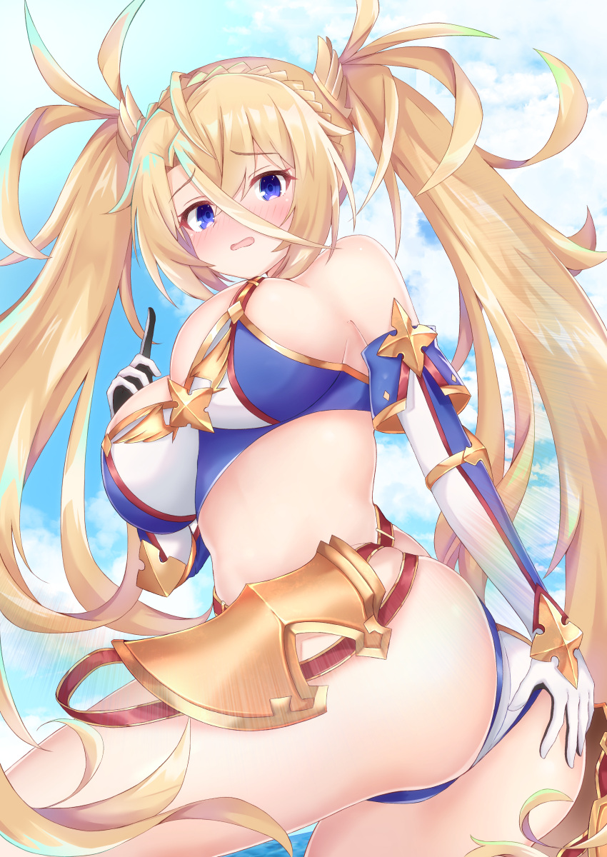 1girl absurdres ass bangs bare_shoulders bikini blonde_hair blue_bikini blue_eyes blue_sky blush bradamante_(fate/grand_order) braid breasts cleavage crown_braid elbow_gloves fate/grand_order fate_(series) faulds gloves hair_between_eyes hair_ornament highres large_breasts long_hair looking_at_viewer rokita shiny shiny_hair sky solo swimsuit thighs twintails two-tone_bikini very_long_hair white_bikini