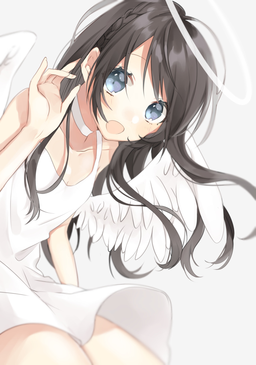 1girl :d absurdres angel bangs black_hair blue_eyes blush braid breasts cleavage collarbone commentary_request dress eyebrows_visible_through_hair feathered_wings fingernails grey_background hachimitsu_honey hair_between_eyes halo hand_up highres long_hair open_mouth original simple_background sleeveless sleeveless_dress small_breasts smile solo very_long_hair white_dress white_wings wings