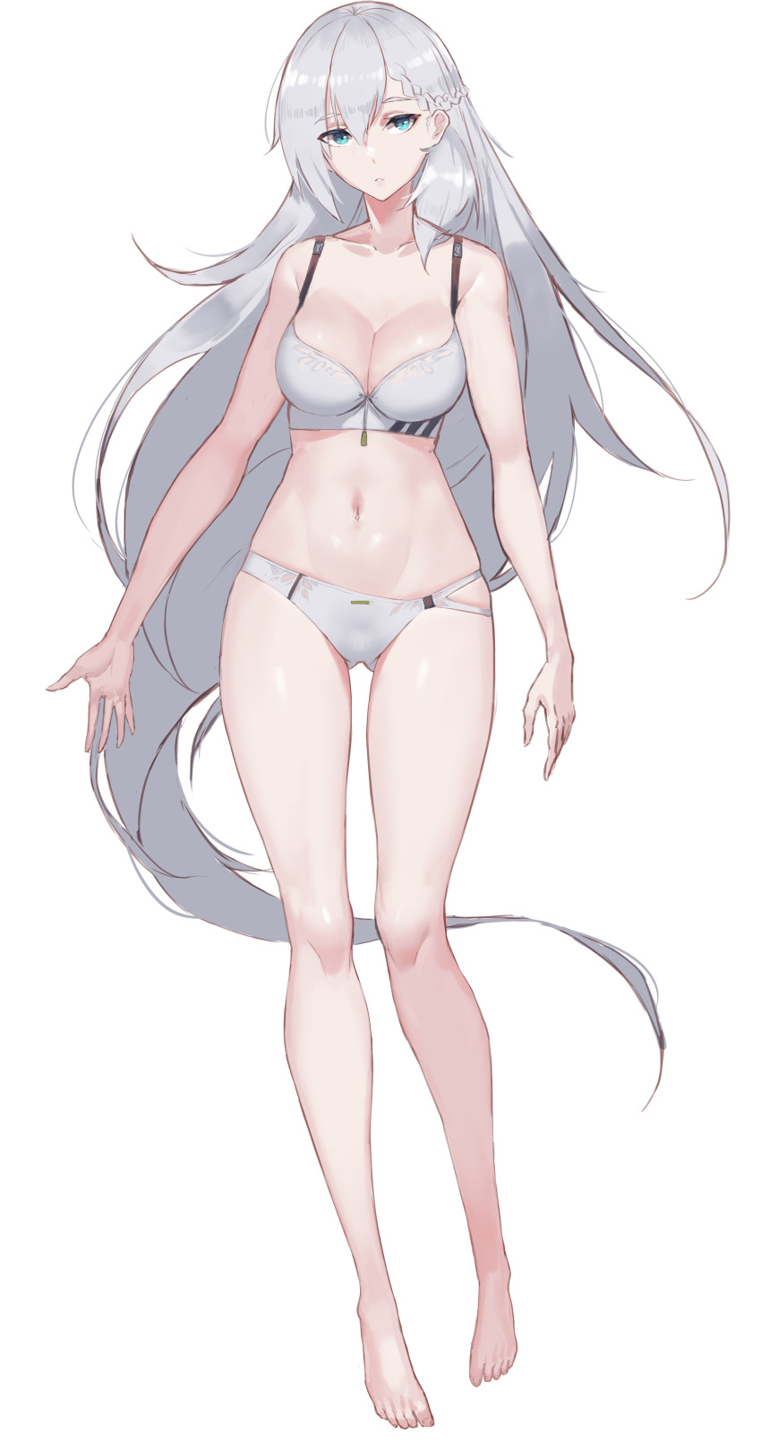 1girl absurdres animal_ears arms_at_sides bare_arms bare_legs bare_shoulders barefoot blue_eyes bra braid breasts cleavage eyebrows_visible_through_hair full_body girls_frontline grey_hair groin hair_between_eyes highres ksvk_(girls_frontline) large_breasts long_hair looking_at_viewer navel pandea_work panties parted_lips simple_background skindentation solo stomach toned underwear underwear_only very_long_hair white_background white_bra white_panties