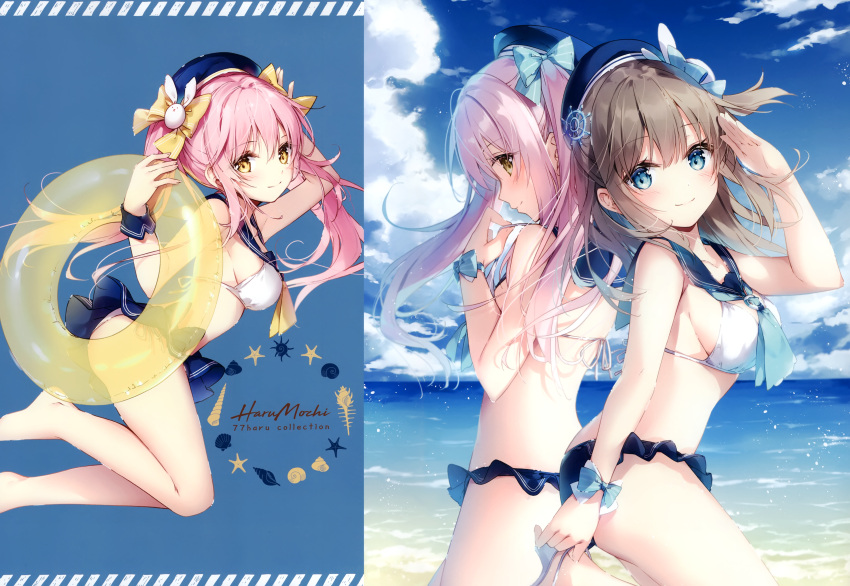 2girls absurdres arm_up armpits artist_name back-to-back bare_arms bare_legs bare_shoulders barefoot beret bikini bikini_skirt blue_bow blue_eyes blue_headwear blue_neckwear blue_sailor_collar blue_sky bow breasts brown_eyes brown_hair bunny_hair_ornament closed_mouth clouds cloudy_sky collarbone day floating_hair from_side hair_bow hair_ornament hand_up hat highres horizon huge_filesize innertube large_breasts leg_up long_hair looking_at_viewer looking_to_the_side medium_breasts mochizuki_shiina multiple_girls ocean original pink_hair profile sailor_bikini sailor_collar salute sandals scan side-tie_bikini sidelocks simple_background sky smile solo stomach swimsuit thighs twintails water white_bow wrist_cuffs yellow_bow yellow_neckwear