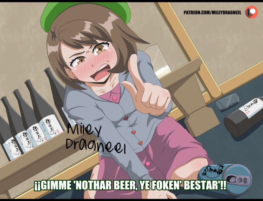 1girl angry anime_coloring arm_support beer_can blush bottle brown_eyes brown_hair can collarbone creatures_(company) dress drunk dutch_angle english_text fake_screenshot female_protagonist_(pokemon_swsh) game_freak grey_cardigan hat highres kneeling letterboxed looking_at_viewer nintendo open_mouth patreon_username pointing pokemon pokemon_(game) pokemon_swsh sake_bottle short_hair signature solo subtitled tam_o'_shanter