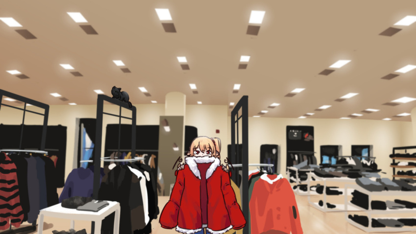 1girl bangs black_cat blonde_hair cat ceiling_light clothes_hanger coat covered_mouth eyebrows_visible_through_hair flandre_scarlet fur_trim holding_coat indoors long_sleeves looking_at_viewer pointy_ears red_coat red_eyes shirt shop shopping side_ponytail solo striped striped_shirt touhou wide_shot yoruny
