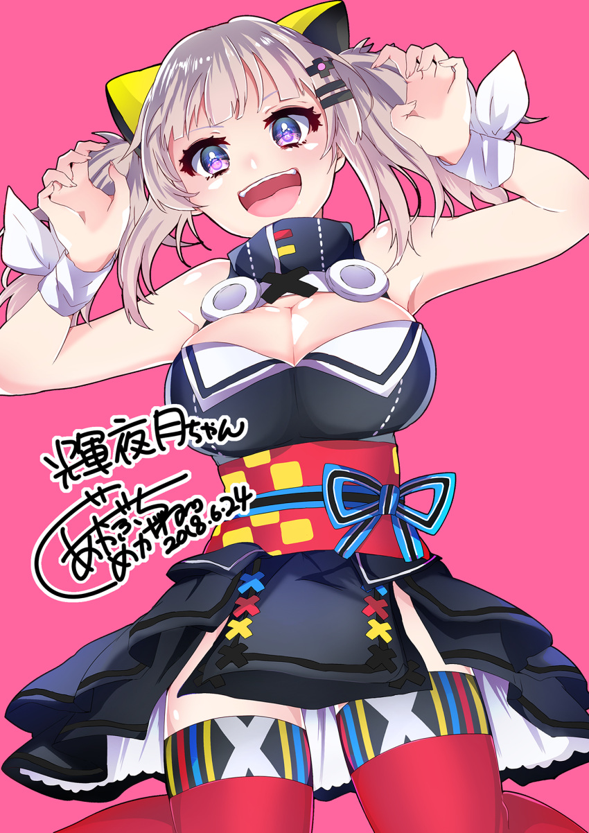1girl :d akabuchi_glasses animal_ears bangs black_kimono blue_eyes blue_ribbon blunt_bangs bow breasts cat_ears claw_pose cleavage cleavage_cutout cowboy_shot cross-laced_clothes d-pad d-pad_hair_ornament dated fake_animal_ears fangs hair_ornament hairclip highres japanese_clothes kaguya_luna kimono large_breasts looking_at_viewer obi open_mouth pink_background red_legwear ribbon sash short_kimono short_twintails sitting sleeveless sleeveless_kimono smile solo star star-shaped_pupils symbol-shaped_pupils the_moon_studio thigh-highs tongue turtleneck twintails virtual_youtuber wariza white_bow white_hair wrist_straps zettai_ryouiki