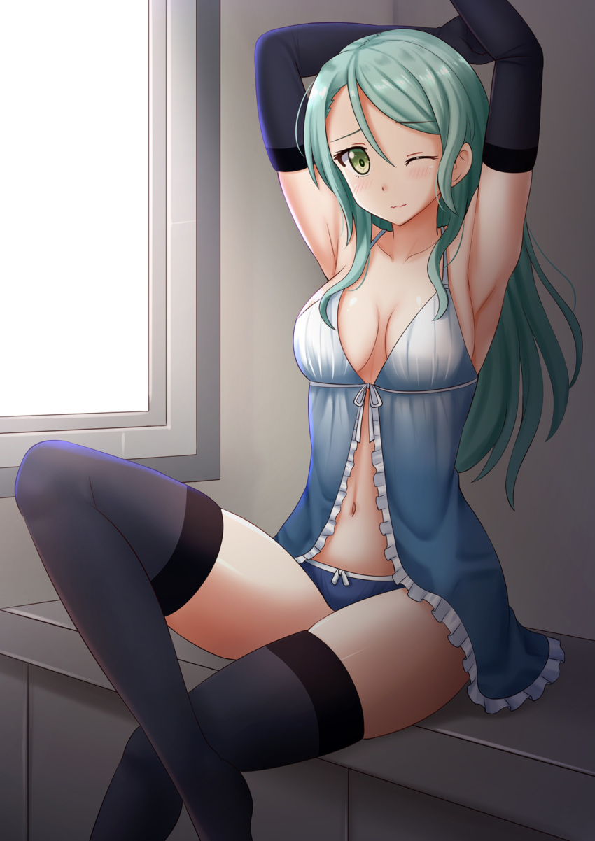 1girl armpits arms_up babydoll bang_dream! bangs bare_shoulders black_legwear blue_babydoll blue_panties blush bow bow_panties breasts closed_mouth collarbone commentary day elbow_gloves eyebrows_visible_through_hair frills gloves green_eyes green_hair grey_legwear hair_between_eyes head_tilt highres hikawa_sayo indoors kazenokaze long_hair looking_at_viewer medium_breasts navel one_eye_closed panties sitting solo sunlight thigh-highs underwear underwear_only very_long_hair wavy_mouth window