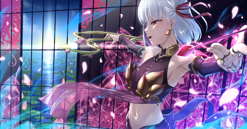 1girl aconatsu_(konatu-aomi) armpits arrow bow_(weapon) breasts detached_sleeves fate/grand_order fate_(series) flower hair_ribbon highres kama_(fate/grand_order) lotus midriff navel outstretched_arms petals red_eyes ribbon short_hair small_breasts water weapon white_hair
