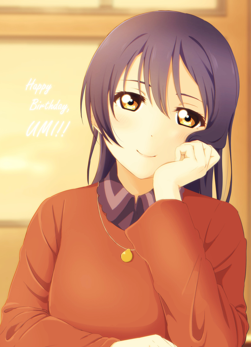 1girl absurdres arm_support bangs birthday blue_hair blush character_name chin_rest closed_mouth commentary_request dated english_text hair_between_eyes hand_on_own_cheek hand_up happy_birthday head_rest head_tilt highres indoors jewelry kimikagem9_(erementargerad) long_hair long_sleeves looking_at_viewer love_live! love_live!_school_idol_project necklace simple_background sitting smile solo sonoda_umi upper_body yellow_eyes