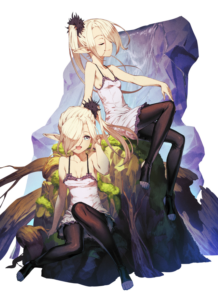 2girls :d absurdres arm_at_side arm_support bare_arms bare_shoulders black_legwear blonde_hair blue_eyes bow breasts cleavage closed_mouth collarbone commentary_request cozy dress elf faux_figurine full_body hair_between_eyes hair_over_one_eye hand_on_own_knee highres long_hair looking_at_viewer moss multiple_girls open_mouth original pointy_ears profile purple_bow side_ponytail simple_background sitting sleeveless sleeveless_dress small_breasts smile toeless_legwear white_background white_dress white_hair