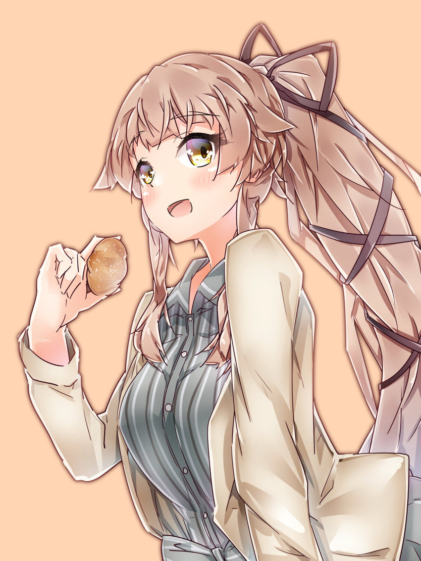 1girl :d absurdres alternate_costume blue_shirt blush breasts brown_jacket collared_shirt cream_puff eyebrows_visible_through_hair food from_side green_eyes hair_flaps hair_ribbon harukawa_(hal501) highres holding holding_food jacket kantai_collection long_hair looking_at_viewer medium_breasts open_mouth pink_background pink_hair ponytail ribbon shirt simple_background smile solo striped striped_shirt very_long_hair yura_(kantai_collection)