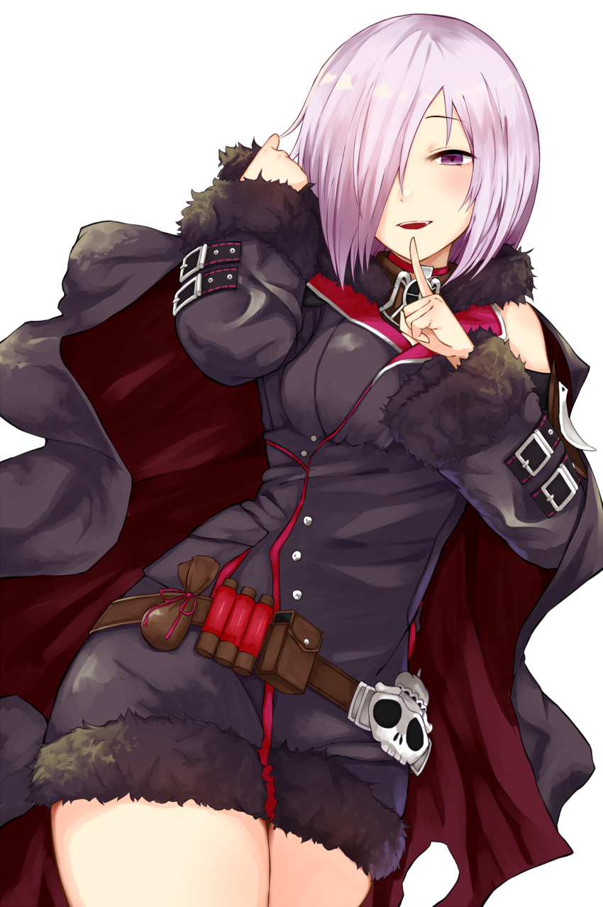 1girl bare_shoulders breasts cape choker fur_trim grin hair_over_one_eye highres hood hoodie large_breasts long_sleeves looking_at_viewer purple_hair shadowverse shingeki_no_bahamut short_hair smile solo thigh-highs violet_eyes wizardess_of_oz yamato_(muchuu_paradigm)