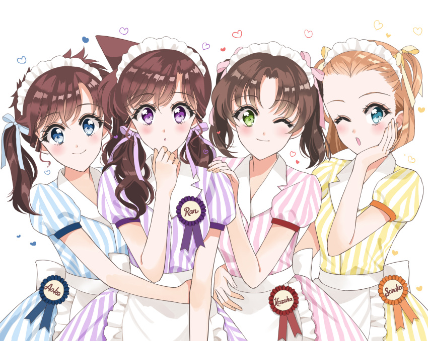 4girls :o ;) ;o alternate_hairstyle apron arch_lapin arm_around_waist award_ribbon bangs blue_dress blue_eyes blue_ribbon brown_hair character_name closed_mouth collared_dress commentary creator_connection cursive dress eyebrows_visible_through_hair flower frilled_apron frills green_eyes hair_pulled_back hair_ribbon hair_up hand_on_another's_shoulder hand_on_own_cheek head_tilt heart highres hug light_brown_hair long_hair looking_at_viewer low_twintails magic_kaito maid_headdress medium_dress medium_hair meitantei_conan mouri_ran multiple_girls nakamori_aoko one_eye_closed open_mouth parted_bangs parted_lips pink_dress pink_flower pink_rose puffy_short_sleeves puffy_sleeves purple_dress purple_ribbon ribbon rose short_hair short_sleeves short_twintails simple_background smile standing striped suzuki_sonoko tooyama_kazuha twintails twintails_day vertical-striped_dress vertical_stripes violet_eyes waist_apron waitress white_apron white_background yellow_dress yellow_ribbon