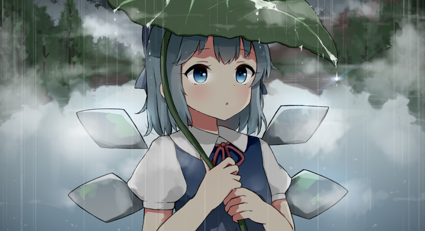 1girl :o antidote arms_up bangs blue_dress blue_eyes blue_hair blush bow cirno commentary_request day dress expressionless eyebrows_visible_through_hair fog glint hair_bow holding holding_leaf lake leaf leaf_umbrella looking_away misty_lake outdoors parted_bangs pinafore_dress puffy_short_sleeves puffy_sleeves rain red_ribbon reflection ribbon shirt short_hair short_sleeves solo standing touhou tree upper_body water_drop white_shirt wings