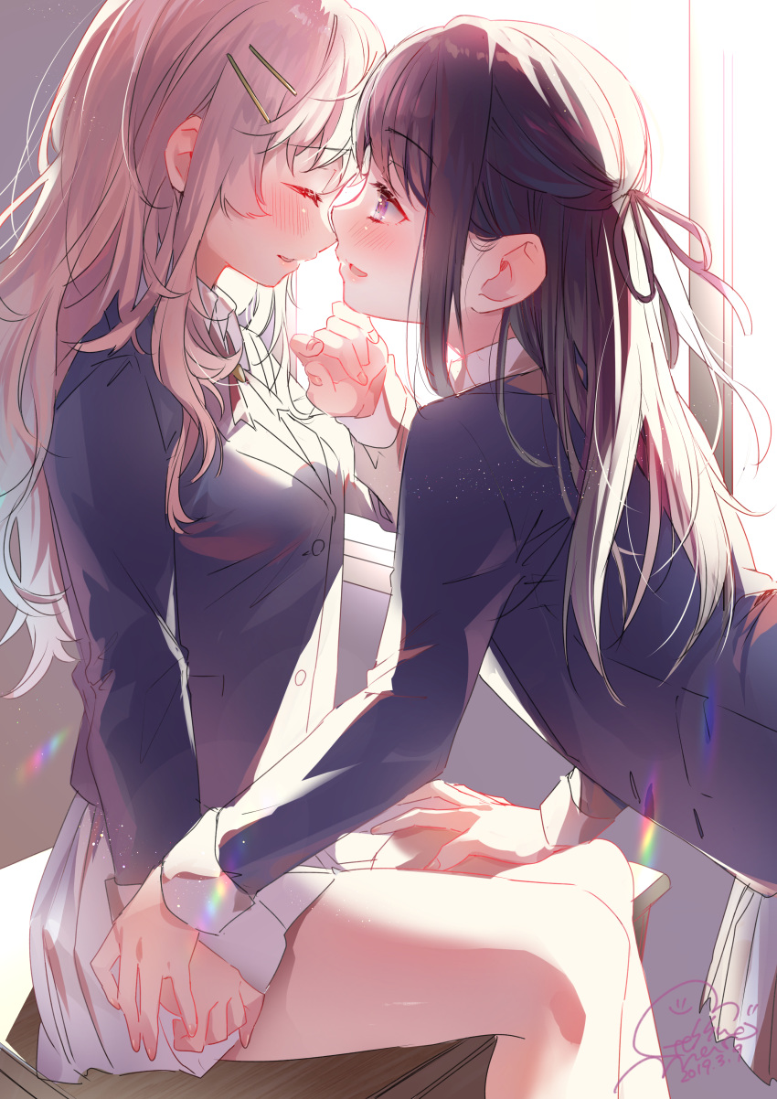 2019 2girls absurdres blue_jacket brown_eyes brown_hair brown_ribbon closed_eyes dated from_side geshumaro hair_ribbon hand_on_another's_leg highres indoors jacket leaning_forward long_hair long_sleeves miniskirt multiple_girls open_mouth original pleated_skirt ribbon school_uniform silver_hair sitting skirt very_long_hair white_skirt yuri