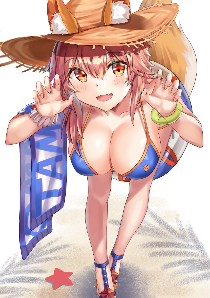 1girl absurdres animal_ear_fluff animal_ears beach beach_umbrella bikini blue_bikini blush breasts cleavage ears_through_headwear eyebrows_visible_through_hair fang fate/grand_order fate_(series) fox_ears fox_girl fox_tail hat highres innertube large_breasts long_hair looking_at_viewer nail_polish open_mouth outdoors paw_pose pink_hair sand side-tie_bikini solo starfish straw_hat swimsuit tail tamamo_(fate)_(all) tamamo_no_mae_(swimsuit_lancer)_(fate) umbrella user_yjmv4437 yellow_eyes