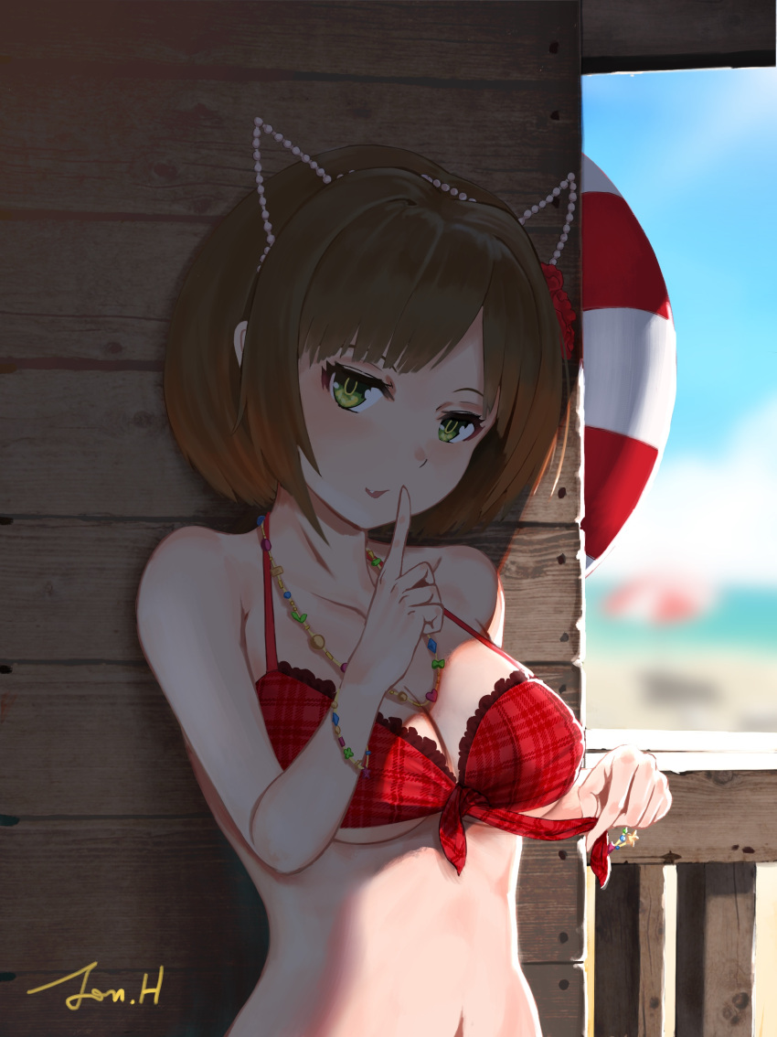 1girl absurdres against_wall animal_ears bangs bare_arms bare_shoulders bikini_top breasts brown_hair cat_ears cleavage collarbone day fake_animal_ears fang finger_to_mouth green_eyes highres idolmaster idolmaster_cinderella_girls index_finger_raised jewelry jonathan_h lifebuoy looking_at_viewer maekawa_miku medium_breasts naughty_face navel necklace outdoors plaid_bikini_top red_bikini_top short_hair shushing signature solo swimsuit under_boob untying upper_body wooden_wall