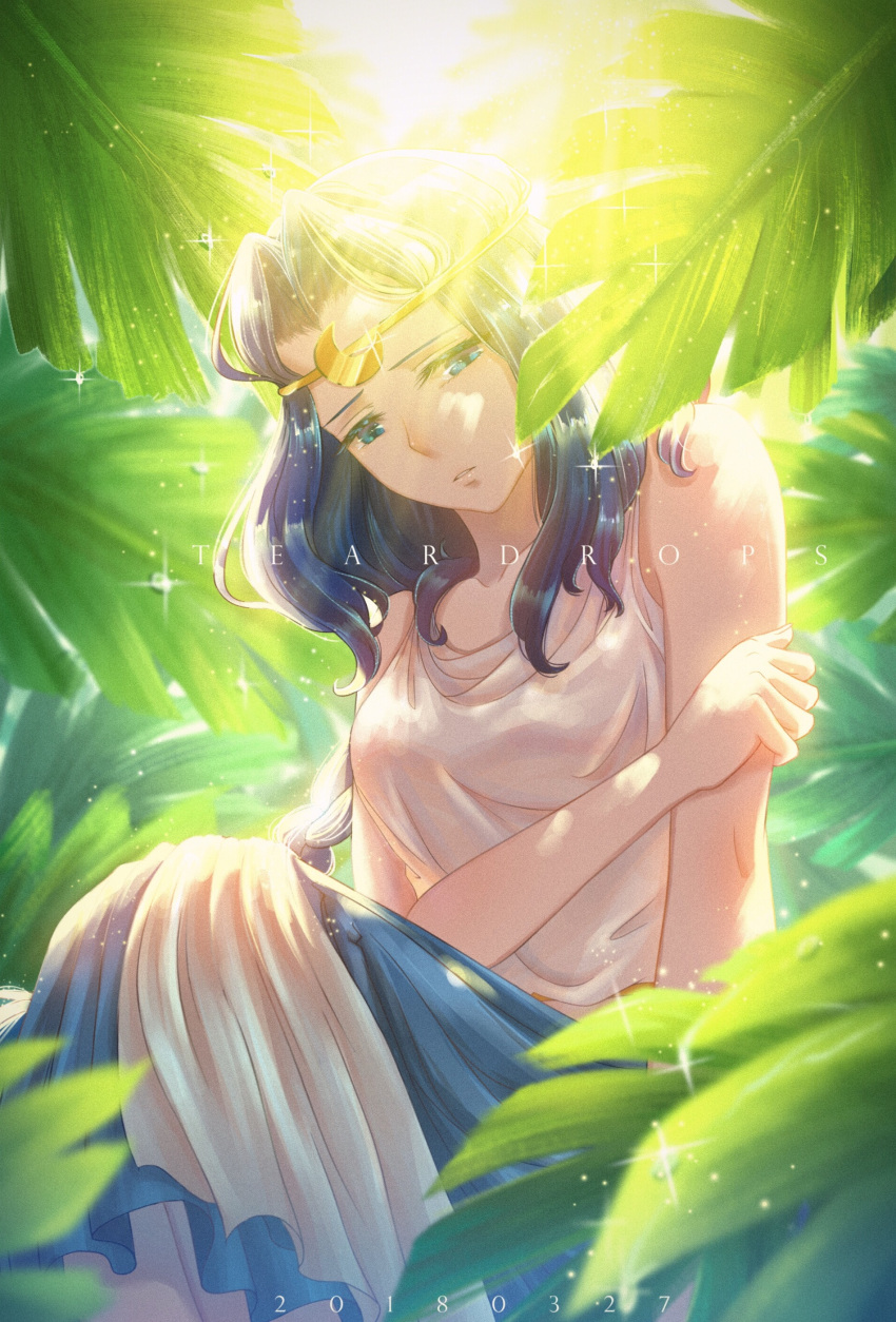 1girl absurdres artemis_(olympus_guardian) bare_arms bare_shoulders blouse blue_eyes blue_hair blue_skirt breasts circlet collarbone commentary_request crescent dated english_text feet_out_of_frame forehead head_tilt highres knees_up leaf light_rays long_hair looking_at_viewer medium_breasts olympus_guardian sitting skirt sleeveless sleeveless_blouse solo sparkle teardrops_(user_vgvd7733) white_blouse