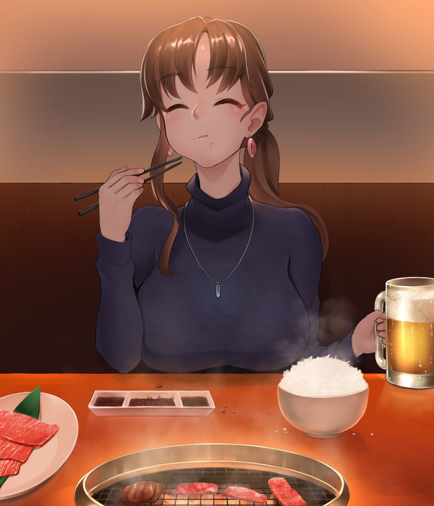 1girl bangs black_shirt bowl breasts brown_hair chopsticks closed_eyes earrings eating eyebrows_visible_through_hair food food_on_face grill highres jewelry large_breasts long_hair long_sleeves meat necklace original pink_earrings plate rice shichirin shirofugu shirt solo upper_body yakiniku