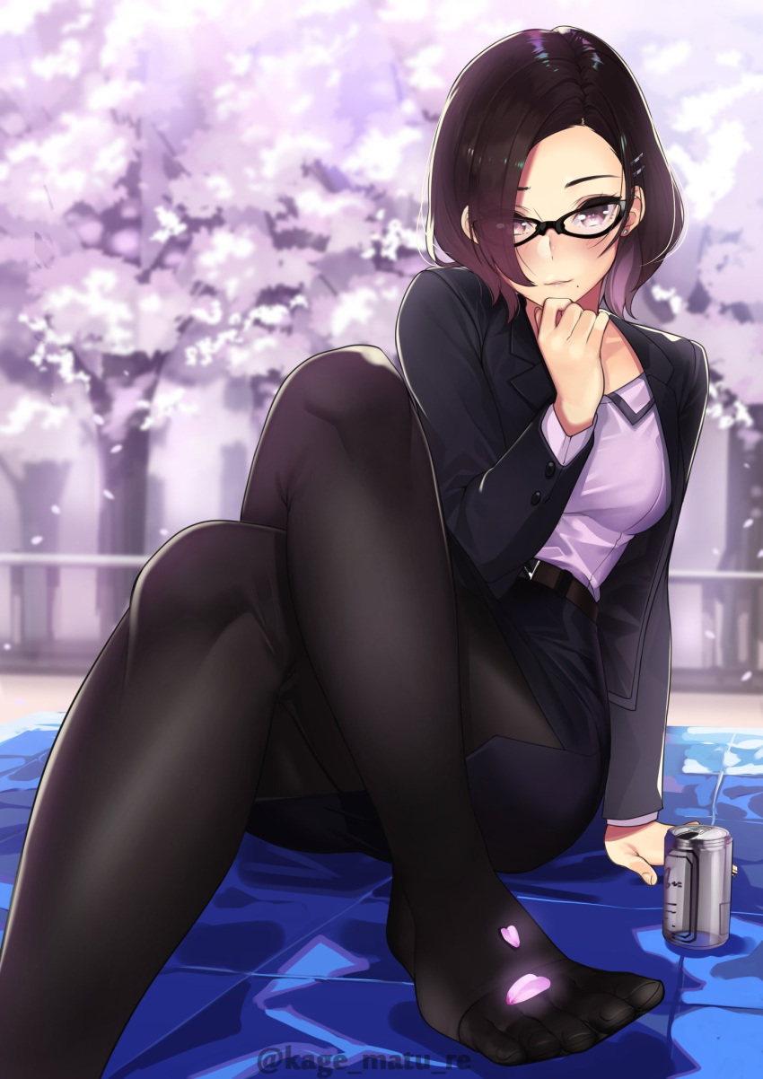 1girl alcohol beer belt blazer blush brown_eyes brown_hair business_suit cherry_blossoms commentary_request feet formal glasses grin hand_on_own_chin highres jacket kagematsuri legs_crossed looking_at_viewer mat mole mole_under_mouth no_shoes office_lady open_blazer open_clothes open_jacket original outdoors pantyhose pencil_skirt purple_shirt shirt short_hair sitting skirt smile solo suit toes tree