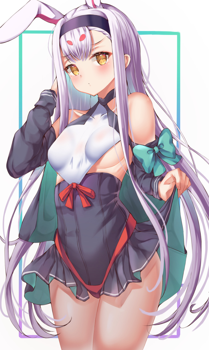 1girl absurdres animal_ears azur_lane bare_shoulders blush breasts brown_eyes closed_mouth collarbone covered_navel cowboy_shot hairband hand_up highleg highres jacket long_hair long_sleeves looking_at_viewer lotpi off_shoulder open_clothes open_jacket rabbit_ears shimakaze_(azur_lane) sidelocks small_breasts solo standing thighs very_long_hair white_hair