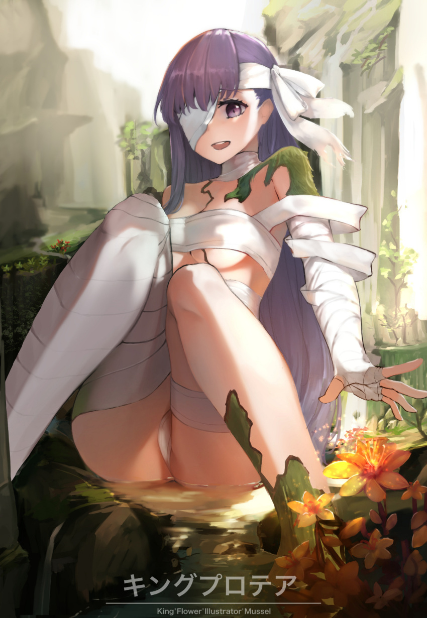 1girl :d ass bandage bandage_over_one_eye bandaged_arm bandaged_leg bandages breasts fate/extra fate/extra_ccc fate_(series) flower highres kingprotea long_hair looking_at_viewer medium_breasts moss open_mouth pleasure_mussel purple_hair sitting smile solo teeth very_long_hair violet_eyes water