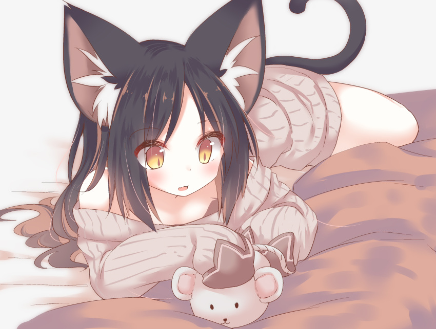 1girl :3 animal_ear_fluff animal_ears bare_shoulders bed_sheet black_hair blush brown_eyes brown_hair brown_sweater cat_ears cat_girl cat_tail commentary_request daidai_ookami fang gradient_hair highres long_sleeves lying multicolored_hair off_shoulder on_stomach open_mouth original sleeves_past_fingers sleeves_past_wrists solo stuffed_animal stuffed_koala stuffed_toy sweater tail tail_raised