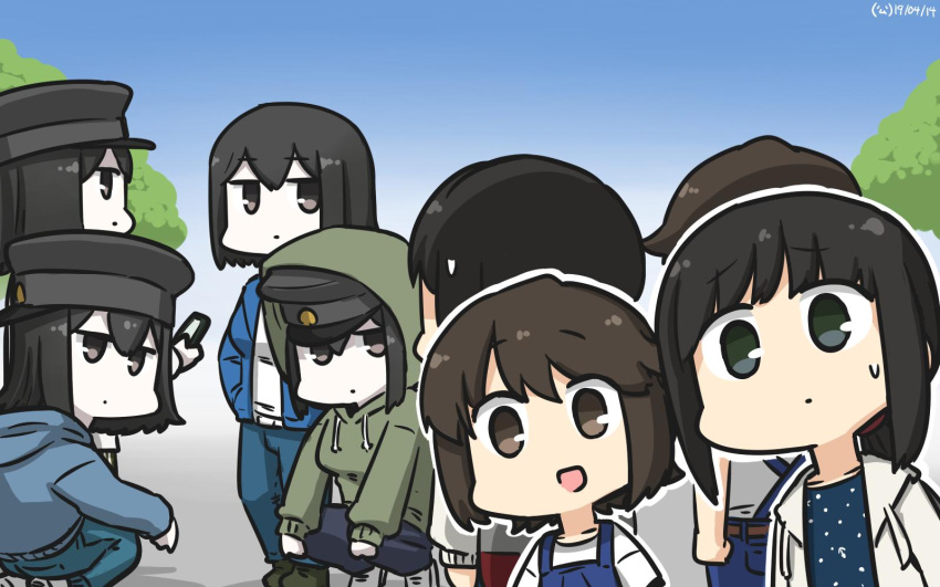 6+girls akitsu_maru_(kantai_collection) alternate_costume artist_logo backpack bag black_eyes black_hair black_headwear blue_dress blue_jacket blue_sky brown_eyes cellphone commentary_request dated denim drawstring dress fubuki_(kantai_collection) gradient_sky green_sweater hamu_koutarou hat highres hood hooded_jacket hooded_sweater hoodie jacket jeans kantai_collection long_hair low_ponytail miyuki_(kantai_collection) multiple_girls multiple_persona overalls pale_skin pants peaked_cap phone ponytail shirt short_hair short_ponytail sidelocks sky sweater white_jacket white_shirt