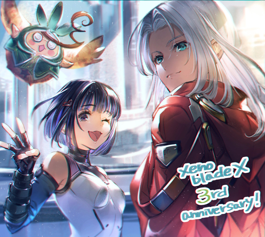2girls ;d absurdres anniversary bare_shoulders black_gloves black_hair blue_eyes bomssp breasts chromatic_aberration closed_mouth dark_skin elma_(xenoblade_x) fingerless_gloves gloves hair_ornament highres long_hair looking_at_viewer lynlee_kuu multiple_girls nintendo nopon one_eye_closed open_mouth short_hair silver_hair small_breasts smile straight_hair tatsu_(xenoblade_x) turtleneck violet_eyes xenoblade_(series) xenoblade_chronicles_x