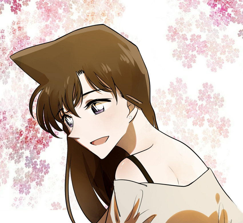 1girl :d brown_eyes brown_hair earrings from_side grey_shirt highres jewelry long_hair meitantei_conan mouri_ran off-shoulder_shirt off_shoulder open_mouth pixiv31848732 portrait shirt smile solo white_background