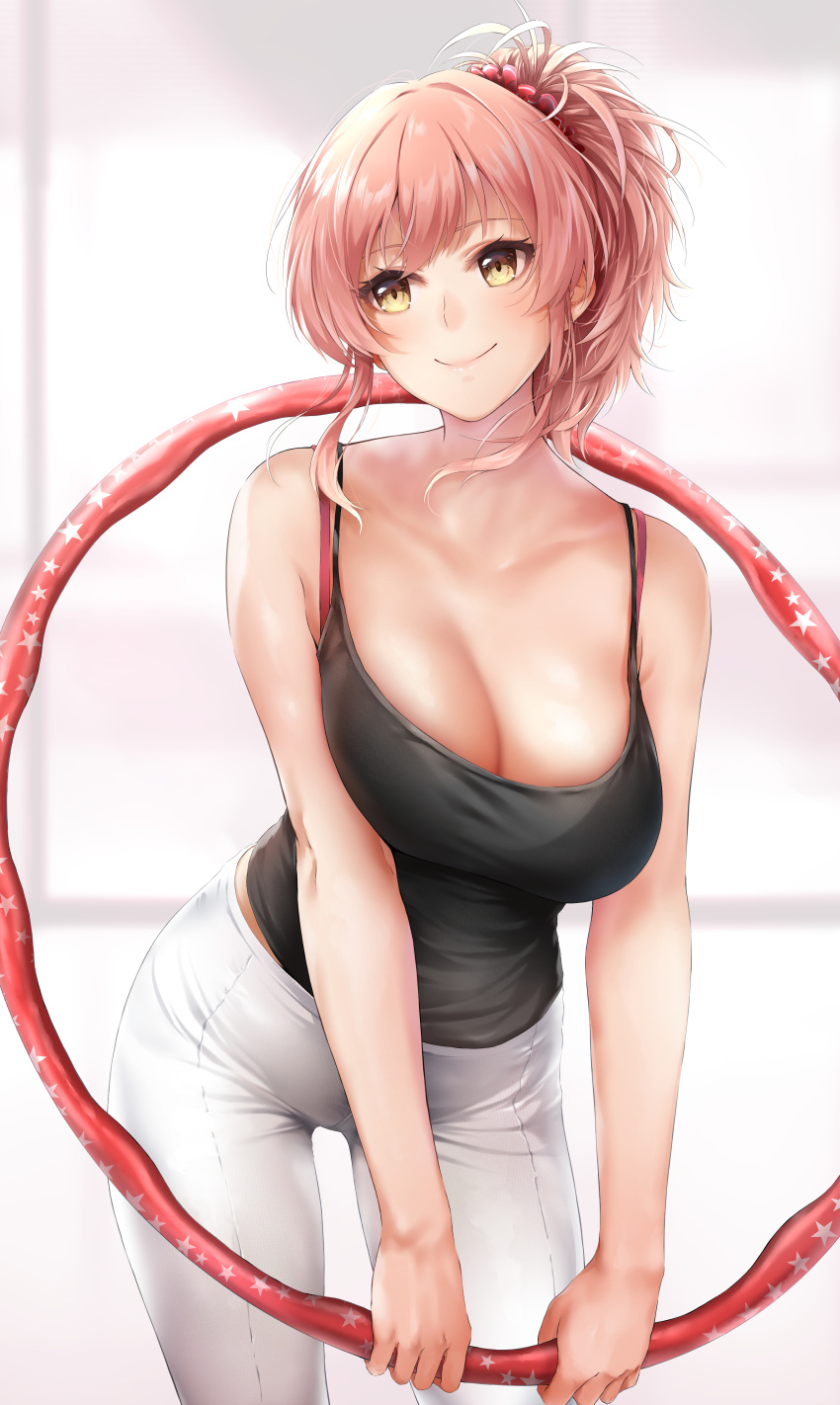 1girl absurdres bangs bare_arms bare_shoulders blush bra_strap breasts brown_eyes cleavage closed_mouth collarbone commentary cowboy_shot hair_ornament hair_scrunchie highres holding hoop hula_hoop idolmaster idolmaster_cinderella_girls jougasaki_mika khanka_shui large_breasts leaning_forward looking_away looking_to_the_side pants pink_hair ponytail scrunchie short_hair sidelocks smile solo star tank_top white_pants yoga_pants