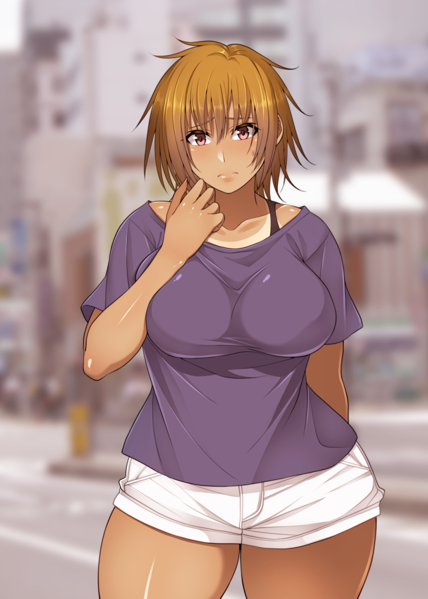 1girl blush breasts brown_eyes brown_hair highres korotsuke large_breasts long_hair looking_at_viewer namikawa_hiyori original short_shorts shorts solo sweatdrop tan tanline white_shorts