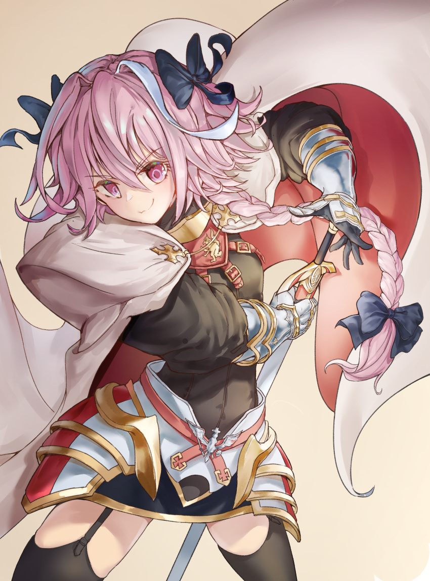 1boy absurdres astolfo_(fate) bangs black_bow black_legwear bow braid cape commentary_request cowboy_shot eyebrows_visible_through_hair fate/apocrypha fate_(series) gauntlets hair_between_eyes hair_bow hair_intakes hair_ribbon highres holding holding_sword holding_weapon ildy light_blue_hair long_braid long_hair looking_at_viewer male_focus multicolored_hair pink_hair ribbon simple_background single_braid smile solo streaked_hair sword trap violet_eyes weapon yellow_background