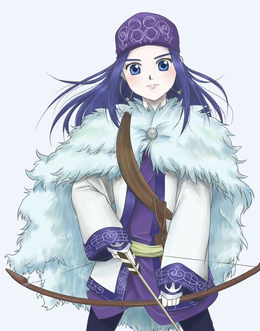 1girl ainu ainu_clothes arrow asirpa bandanna blue_eyes bow_(weapon) cape earrings fur_cape golden_kamuy highres hoop_earrings jewelry long_hair long_sleeves looking_at_viewer pika_gororo purple_hair simple_background solo standing weapon