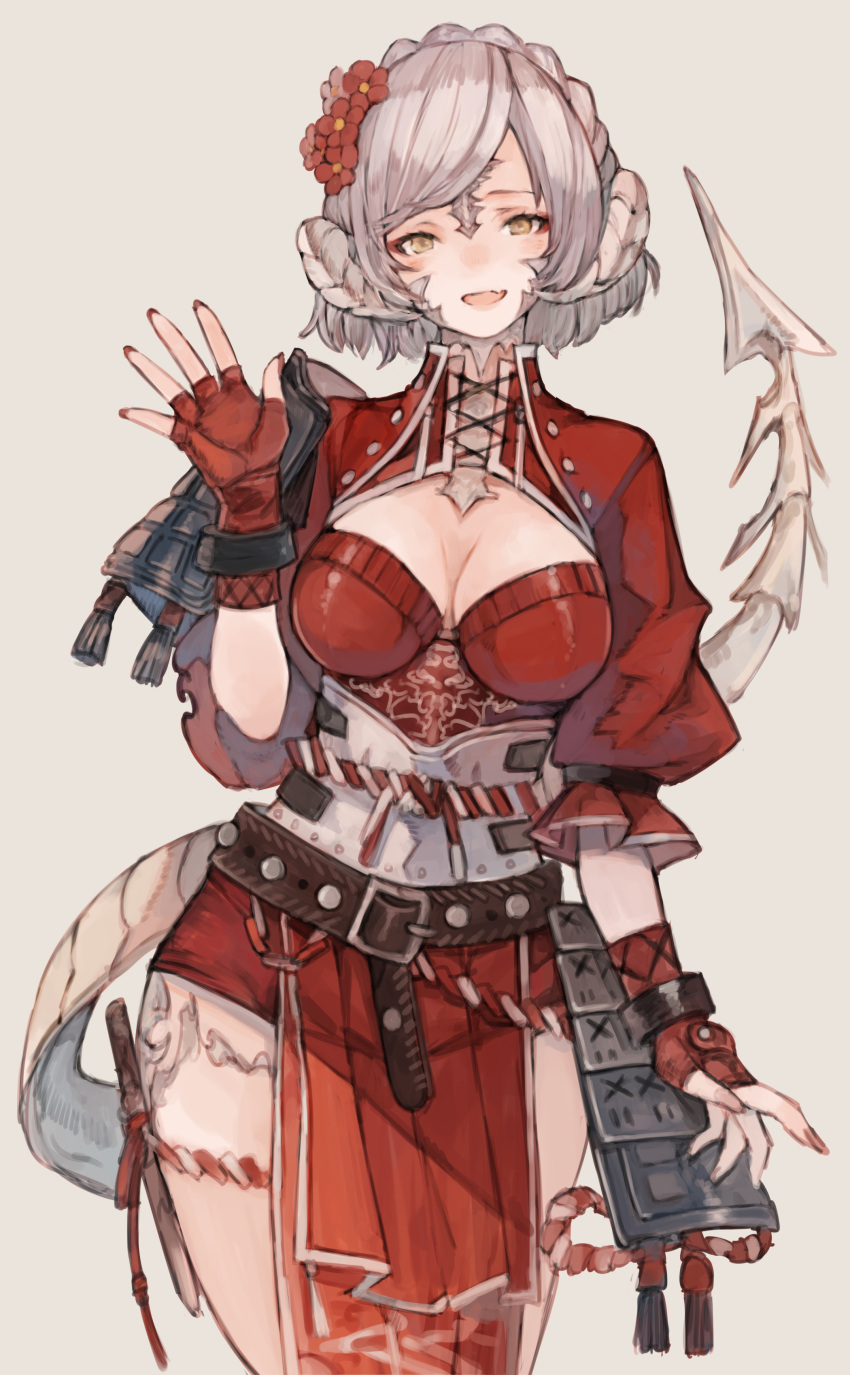1girl absurdres armor au_ra avatar_(ffxiv) bangs belt braid cleavage_cutout clothing_cutout commentary commission crown_braid dragon_horns dragon_tail fang feet_out_of_frame final_fantasy final_fantasy_xiv fingerless_gloves flower gloves grey_background hair_flower hair_ornament hand_up highres horns jacket japanese_armor kemomin_nosuke kusazuri light_blush looking_at_viewer open_mouth pauldrons pelvic_curtain red_gloves red_jacket red_shorts rope samurai_(final_fantasy) scales shimenawa short_hair short_shorts shorts shoulder_armor silver_hair simple_background single_pauldron skeb_commission skin_fang sode solo standing swept_bangs tail waving wristband yellow_eyes