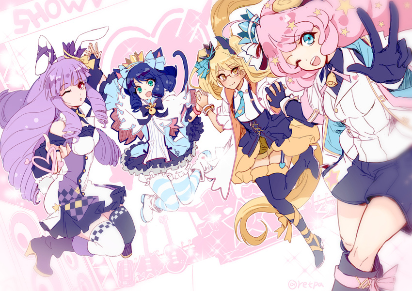 4girls ahoge alternate_costume animal_ears bangs bell blonde_hair bloomers blue_eyes blue_hair blunt_bangs boots bunny_girl bunny_tail capelet cat_ears cat_girl cat_tail chuchu_(show_by_rock!!) crown cyan_(show_by_rock!!) dark_skin detached_sleeves dog_tail drill_hair fangs glasses hair_ornament hand_holding heart high_heel_boots high_heels horns instrument jingle_bell jumping knee_boots long_hair looking_at_viewer moa_(show_by_rock!!) multiple_girls necktie one_eye_closed open_mouth pink_hair purple_hair rabbit_ears red_eyes retoree retpa ribbon sheep_girl sheep_horns shorts show_by_rock!! smile sparkle star striped striped_legwear tail thigh-highs thigh_boots twintails underwear v very_long_hair yellow_eyes