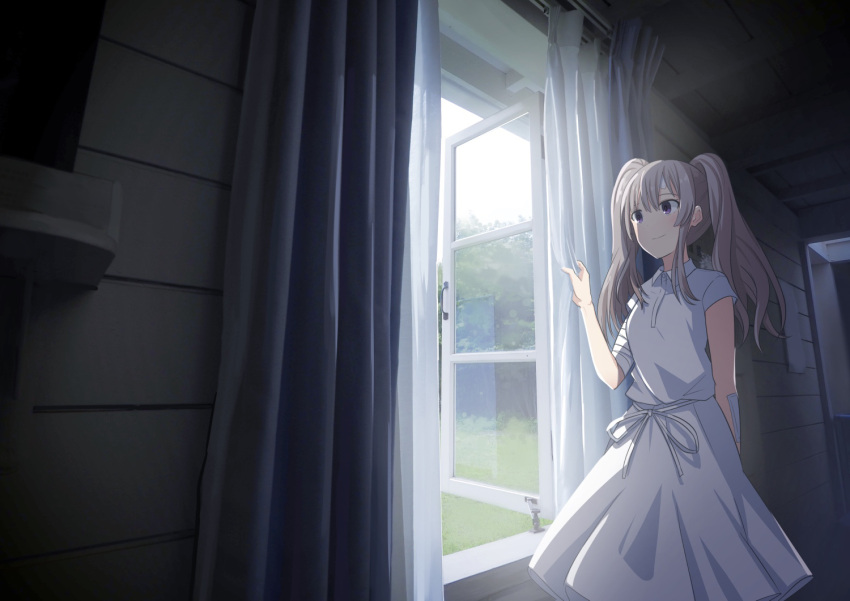 1girl bandage bandaged_arm bandaged_head bandages bandaid blush collared_dress curtains day dress hand_up house idolmaster idolmaster_shiny_colors indoors long_hair sakeharasu short_sleeves sidelocks silver_hair smile solo standing sunlight twintails violet_eyes white_dress wide_shot window wing_collar yuukoku_kiriko