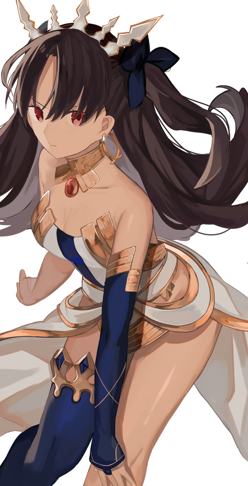 1girl absurdres asymmetrical_legwear asymmetrical_sleeves bangs black_hair black_ribbon breasts closed_mouth collarbone commentary_request crown earrings elbow_gloves fate/grand_order fate_(series) gloves hair_ribbon highres hoop_earrings inago_3939 ishtar_(fate/grand_order) jewelry legs long_hair looking_at_viewer neck_ring parted_bangs red_eyes revealing_clothes ribbon single_elbow_glove single_thighhigh small_breasts solo thigh-highs thighs tiara twintails