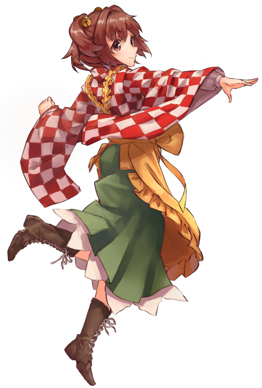1girl absurdres apron bare_legs bell boots brown_eyes brown_footwear brown_hair checkered checkered_kimono clenched_hand commentary_request cross-laced_footwear eyebrows frilled_apron frills from_behind full_body green_skirt hair_bell hair_between_eyes hair_ornament highres japanese_clothes jingle_bell kimono lace-up_boots layered_sleeves long_sleeves looking_at_viewer looking_back motoori_kosuzu petticoat red_kimono short_hair simple_background skirt smile touhou two_side_up white_background white_kimono wide_sleeves yanyan_(shinken_gomi) yellow_apron